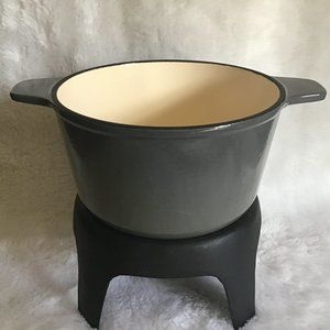 Vintage Grey Enamel Cast Iron Fondue Pot and Base